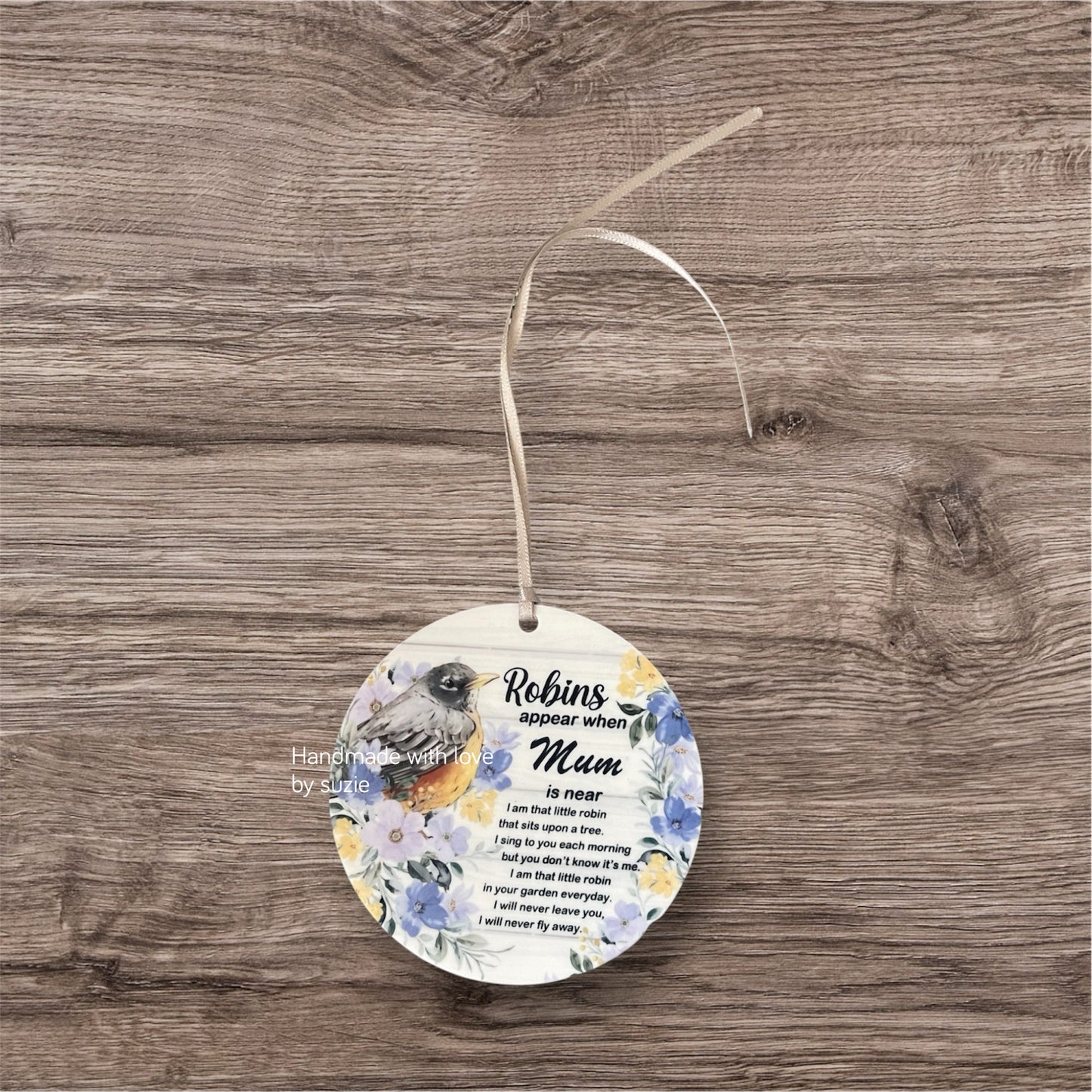 Acrylic hanging decoration robin and purple flowers