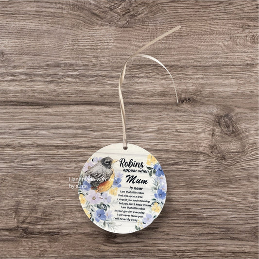 Acrylic hanging decoration robin and purple flowers
