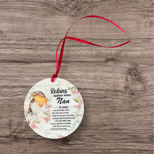Acrylic hanging decoration robin and pink flowers